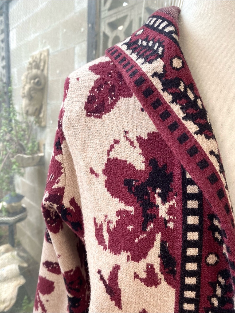 Rachel Zoe Burgundy Floral Jacquard Hooded Cardigan Sweater, Size S - Picture 3 of 9